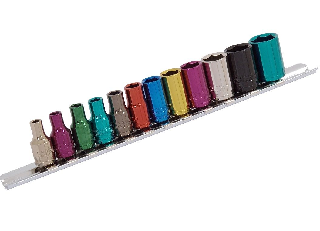 12pc 1/4'' Drive Shallow Socket Set Multi Coloured Chrome Vanadium 4-13mm