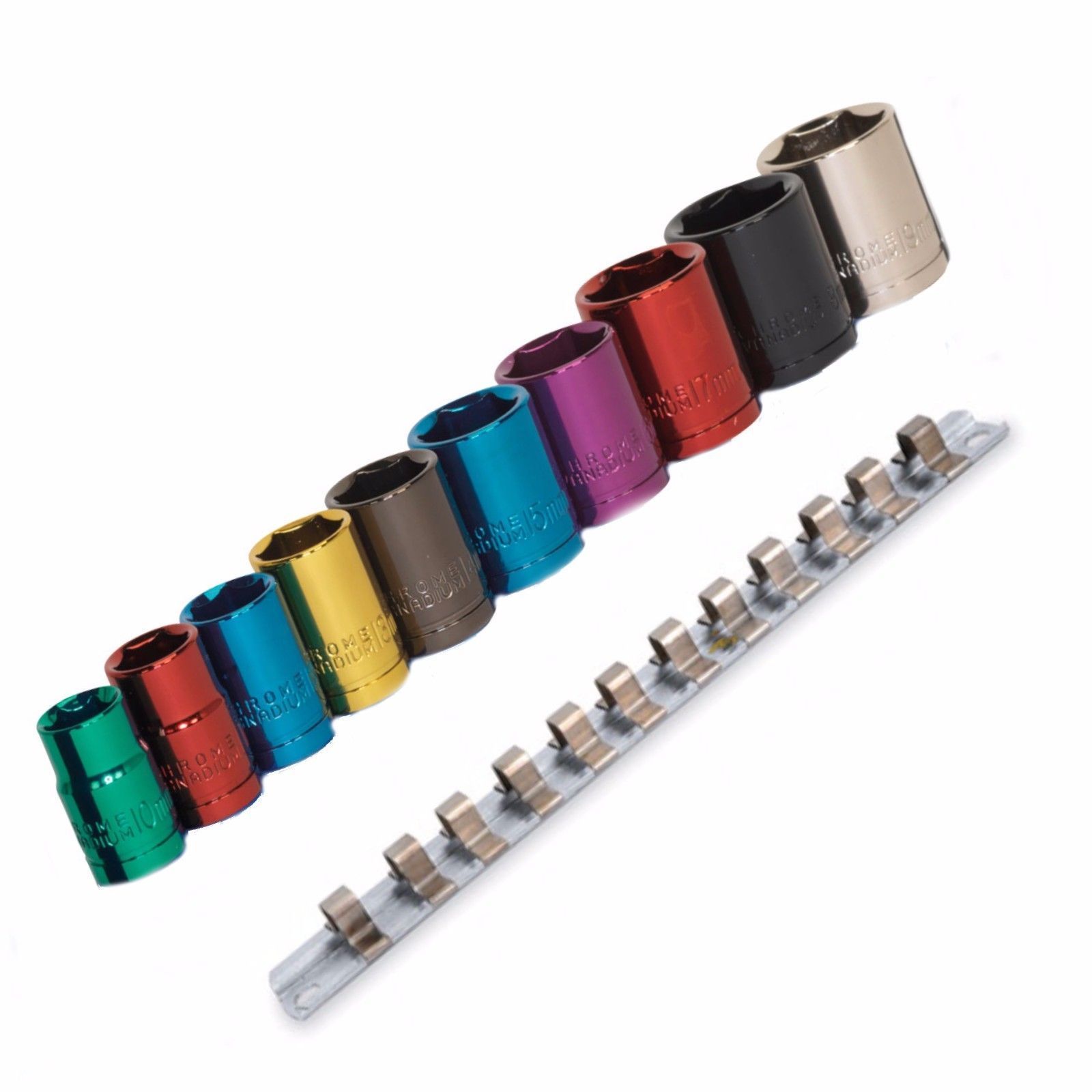 Metric Coloured 3/8'' Drive Sockets 10mm - 19mm Single Hex On Rail