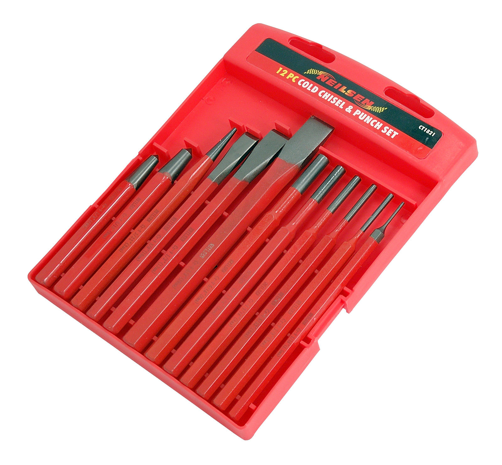 12pc Cold Chisel, Centre Pin Punch & Tapered Punches Set & Storage Tray