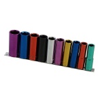 10pc 1/2'' Drive Multi Coloured Deep Socket Set With Rail 13mm to 24mm